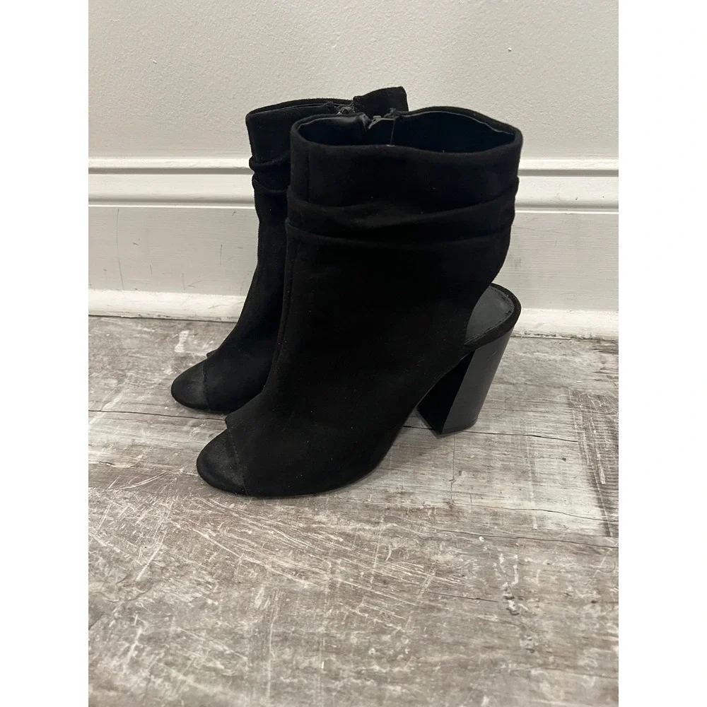 Charlotte Russe Lita Women 7 Black Peep Toe Block Heel Ankle Boots Ruched Cutout